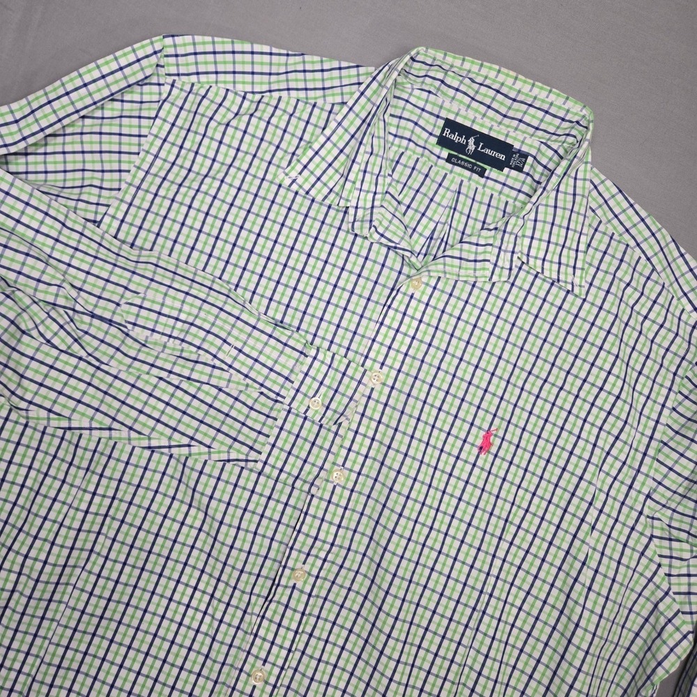 Ralph Lauren Button Down Shirt 17.5 34/35 Green Blue Check Classic Fit Pink Pony